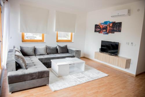 uma sala de estar com um sofá e uma televisão em Leader apartment em Saraievo