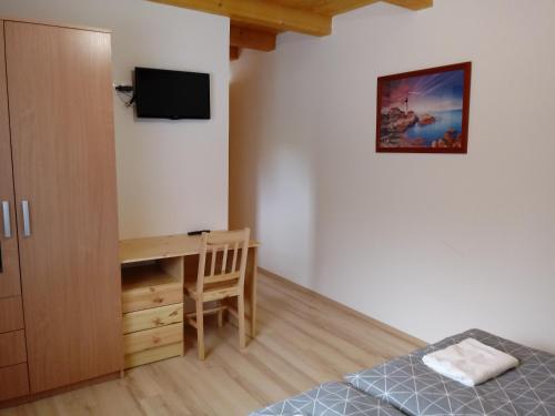 1 dormitorio con escritorio, 1 cama y escritorio en Napsugár Vendégház, en Újudvar