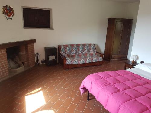 1 dormitorio con 1 cama, 1 silla y chimenea en Le Chianine dei Tognoli, en Gragnola