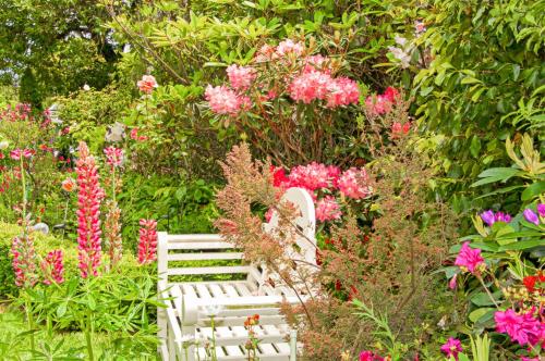 a white bench in a garden with pink flowers at Dyers House in Christchurch