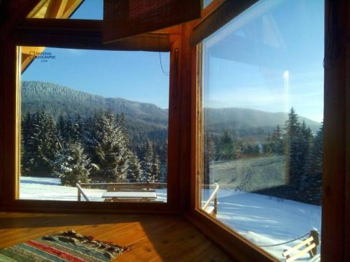 a window with a view of a snow covered mountain at Mountain bungalows and a Hobbit House - Jazavčije Rupe in Han Pijesak