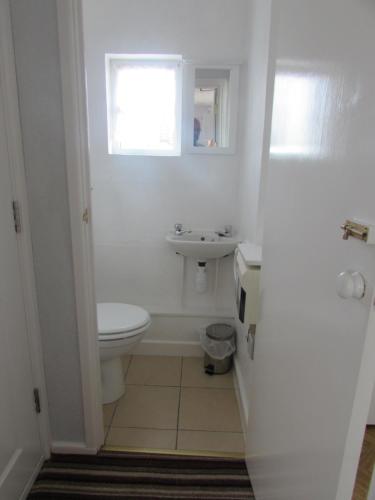 een witte badkamer met een toilet en een wastafel bij The Loft Apartment in Weymouth