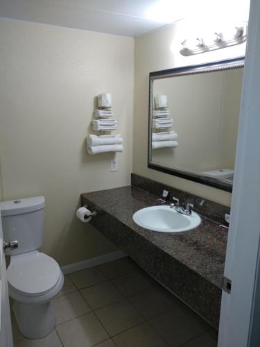 bagno con lavandino, servizi igienici e specchio di Maine Motel a South Portland