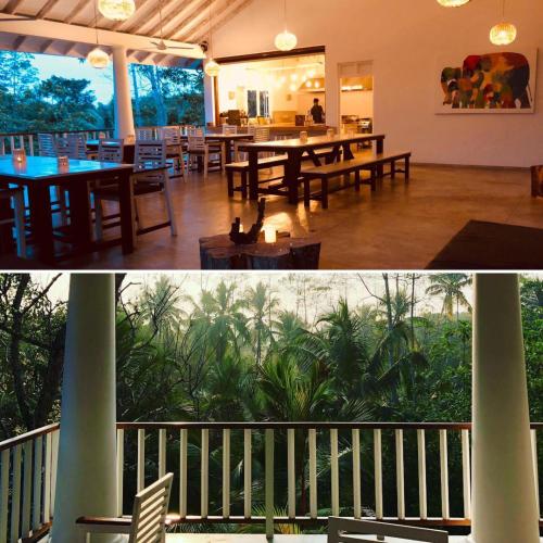 two pictures of a restaurant with tables and a balcony at Good Vibes Villas in Unawatuna