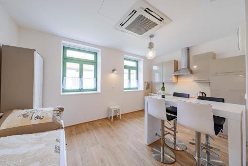 a kitchen and living room with a counter top at Slovanský penzion in Mikulčice