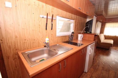 a kitchen with a stainless steel sink and wooden cabinets at Wynajem domkow "Mala Holandia" in Krynica Morska