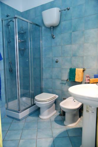 a bathroom with a shower and a toilet and a sink at B&B Palazzo Lupo in Centola