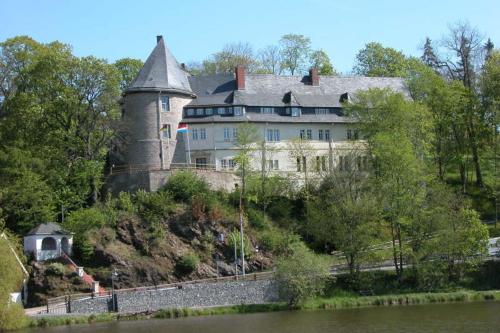 ein Schloss auf einem Hügel neben einem Fluss in der Unterkunft Schloss Stiege in Stiege