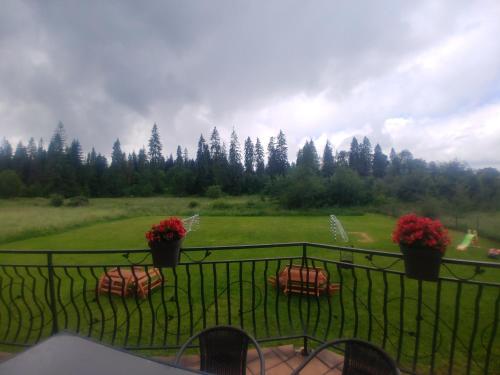 a view of a golf course from a balcony at Willa Pawlikowskich in Poronin