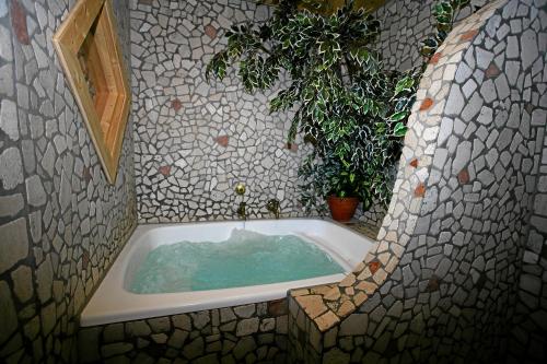 ein Badezimmer mit einer Badewanne mit Pflanze in der Unterkunft APART Kirschner in Sankt Leonhard im Pitztal