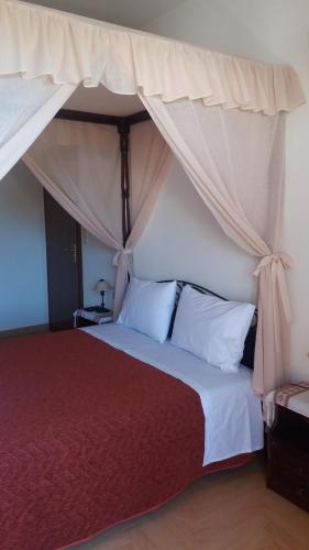 a bedroom with a bed with a canopy at Petrochori ApartHotel in Petrochori