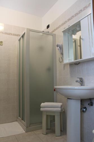 a bathroom with a glass shower and a sink at Hotel Certosa in Certosa di Pavia