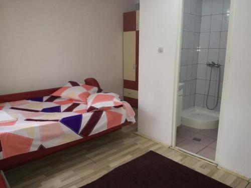a bedroom with a bed and a bathroom with a shower at Vila Emy Constanta in Constanţa
