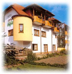 Großes weißes Gebäude mit Balkon in der Unterkunft Hotel am Gisselgrund in Frankenhain