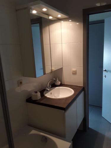 een badkamer met een wastafel en een grote spiegel bij Discover in Ieper