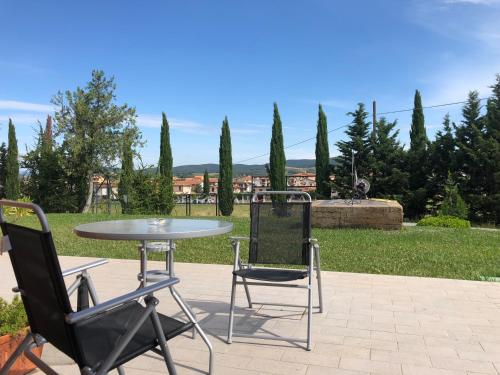 a patio with a table and two chairs at La Locanda della Vecchia Hosteria in Gavorrano