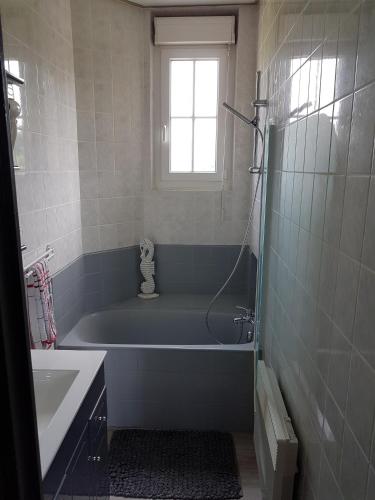 une salle de bain avec une baignoire et une fenêtre dans l'établissement vue sur Mer 