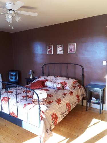 a bedroom with a bed and a ceiling fan at Dans les draps de Morphee in Campbellton