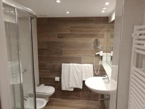 ein Bad mit einem WC, einem Waschbecken und einer Dusche in der Unterkunft Hotel Villa Margherita in Limone sul Garda