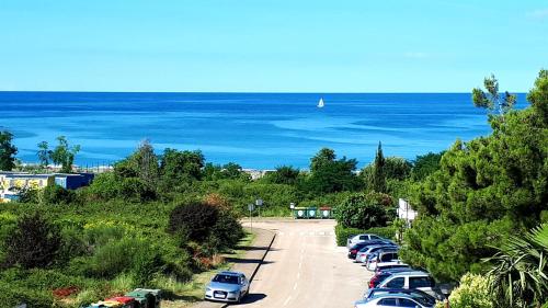 a row of cars parked in a parking lot next to the ocean at Pipo Apartment Mareda in Novigrad Istria