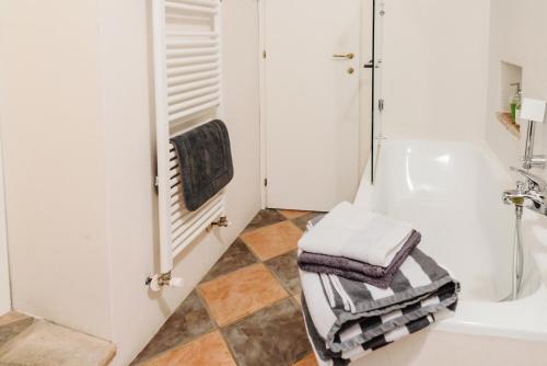 y baño con ducha y toallero eléctrico. en PALAZZO CORDERO APARTMENT en Parma