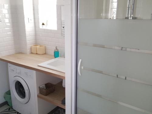 une salle de bain avec une machine à laver et un lavabo dans l'établissement Gîte Les 