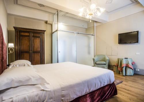 a bedroom with a large bed and a tv at Palazzo Leopoldo Dimora Storica & Spa in Radda in Chianti