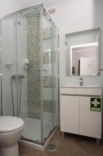 a bathroom with a shower and a toilet and a sink at Ferhouse Dreams-Farilhões in Nazaré