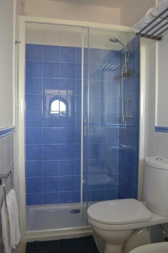 a blue tiled bathroom with a toilet and a shower at Charming Place 2 Taormina in Taormina