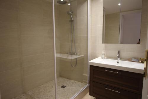 une salle de bain avec douche et lavabo dans l'établissement Grand Appt T2 terrasse SUD + PKG - 150m de la plage d'Eyrac, à Arcachon