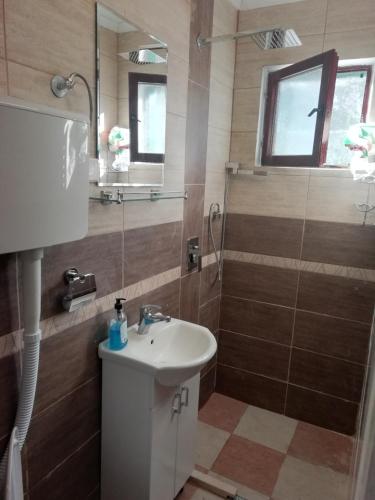 a bathroom with a sink and a shower at apartman holiday budva in Budva