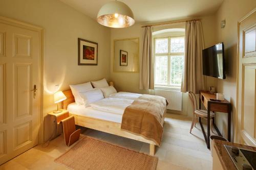 Schlafzimmer mit einem Bett, einem TV und einem Fenster in der Unterkunft Villa Tranquillini auf Gut Guntrams in Schwarzau am Steinfelde