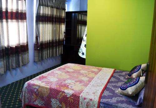 a bedroom with a bed and a green wall at Yog Hostel- Rooftop Yoga & Backpacker Social Stay in Thamel, Kathamndu in Kathmandu