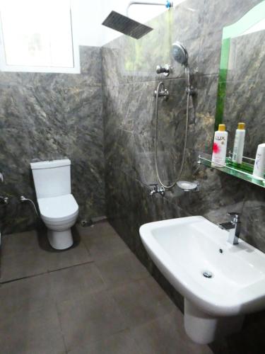a bathroom with a toilet and a sink and a shower at Lake View Villa in Mirissa