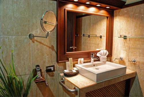 uma casa de banho com um lavatório e um espelho em Volcano Lodge, Hotel & Thermal Experience em La Fortuna