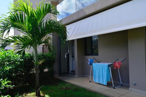 a table and a palm tree in front of a house at AZURI Serviced Garden Apartment in Roches Noires
