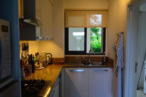 een keuken met een wastafel en een raam bij AZURI Serviced Garden Apartment in Roches Noires