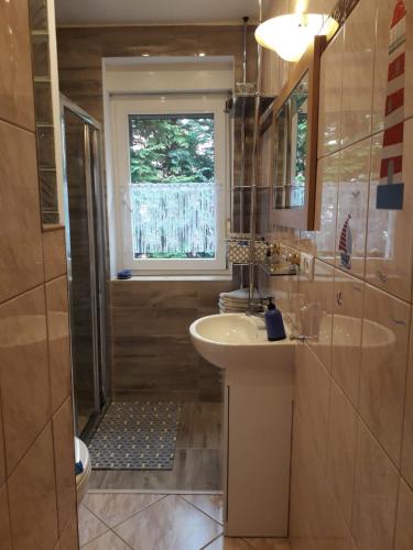W łazience znajduje się umywalka i prysznic. w obiekcie U Danusi we Wrocławiu
