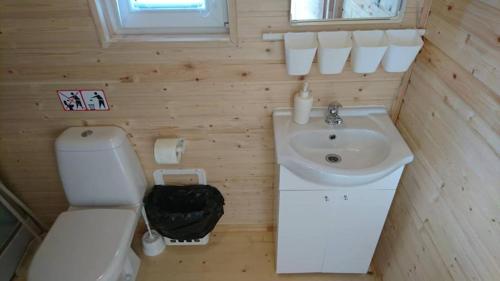 a small bathroom with a toilet and a sink at Pajūrio brizas in Šventoji