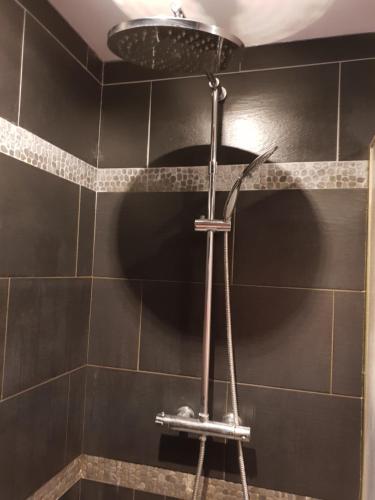 La salle de bains est pourvue d'une douche et d'un mur carrelé noir. dans l'établissement Appartement de charme en Provence, à Châteaurenard