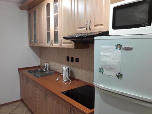 a kitchen with a white refrigerator and a sink at Guest House Zuzana in Habovka