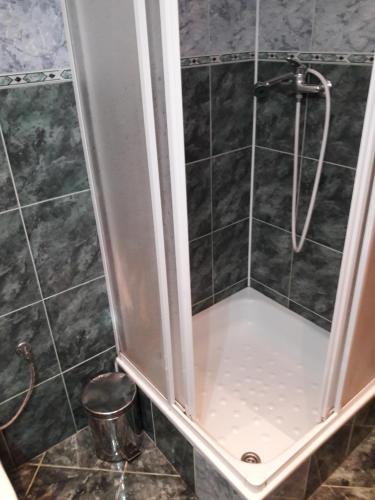 a shower with a glass door in a bathroom at Guest House Zuzana in Habovka