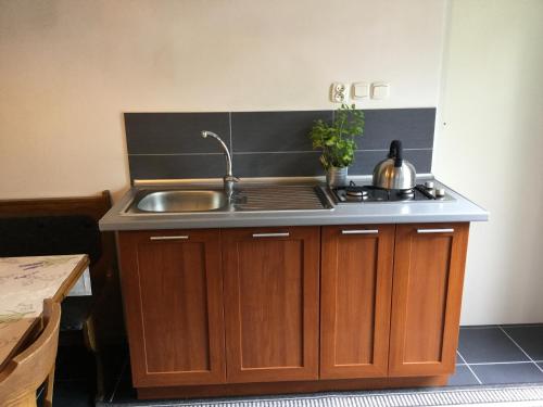 a kitchen counter with a sink and a sink at Domek Wakacyjny in Mikołajki