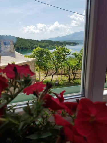 a window with red flowers and a view of the water at Holiday home Marija in Vrlika