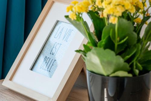 a picture frame next to a vase of flowers at La Maisonnette Narbonnaise (Proche Grands Buffets) in Narbonne