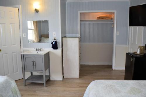 a bathroom with a sink and a mirror at Blackbeard's Lodge in Ocracoke