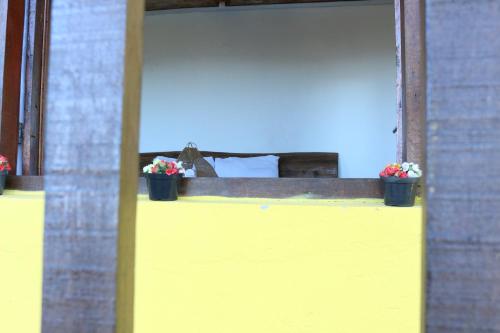 a yellow door with two potted plants on it at Chale Vista Encantada in Lavras Novas