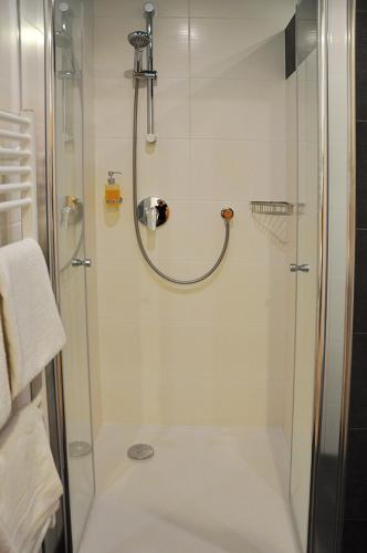 a shower with a glass door in a bathroom at Garni Hotel Alber in Marktl