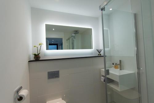 a white bathroom with a mirror and a shower at Gillespie House in Edinburgh