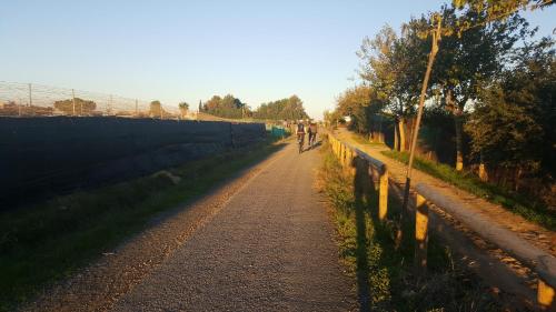 a person riding a bike down a dirt road at Residencial Costa Doñana (Sanlucar de Barrameda) in Sanlúcar de Barrameda